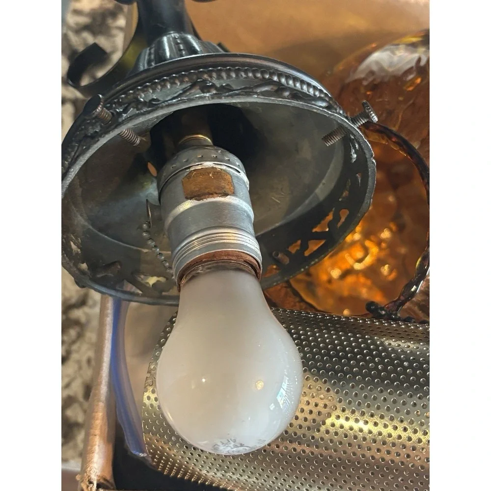 Vintage Large Amber Glass MCM  Hanging Swag Lamp Light W/ Chain